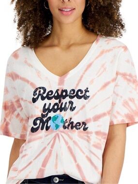 Respect Your Mother Tie-Dye V-Neck Tee - White & Coral